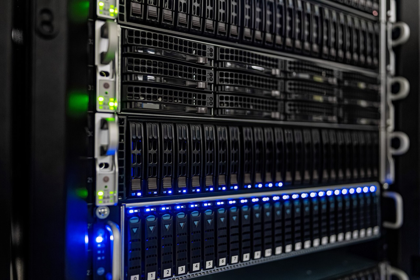 Close-up of a server rack with structured cabling and status lights